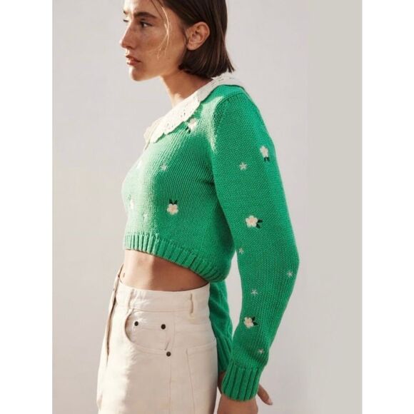 NEW ZARA Women’s Small Floral Embroidered Cropped Sweater - Picture 3 of 8